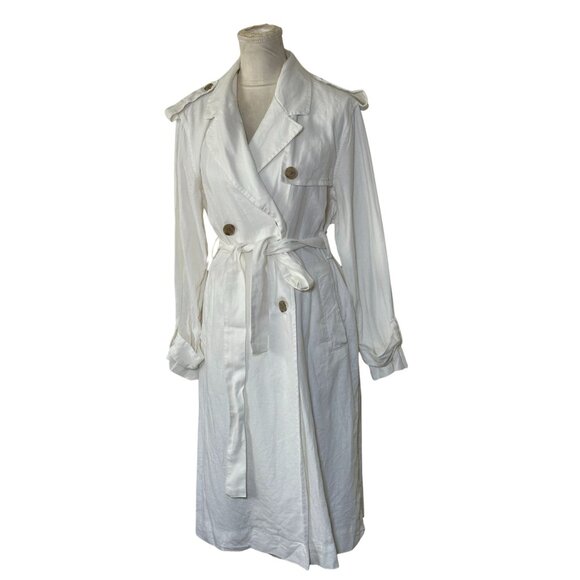 A New Day Women's Linen Long Sleeve Belted Trench Coat White Size M Fall Fashion - Picture 1 of 9